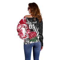 Custom New Zealand and England Rugby Off Shoulder Sweater Silver Fern With Red Rose World Cup 2023 LT01 - Polynesian Pride