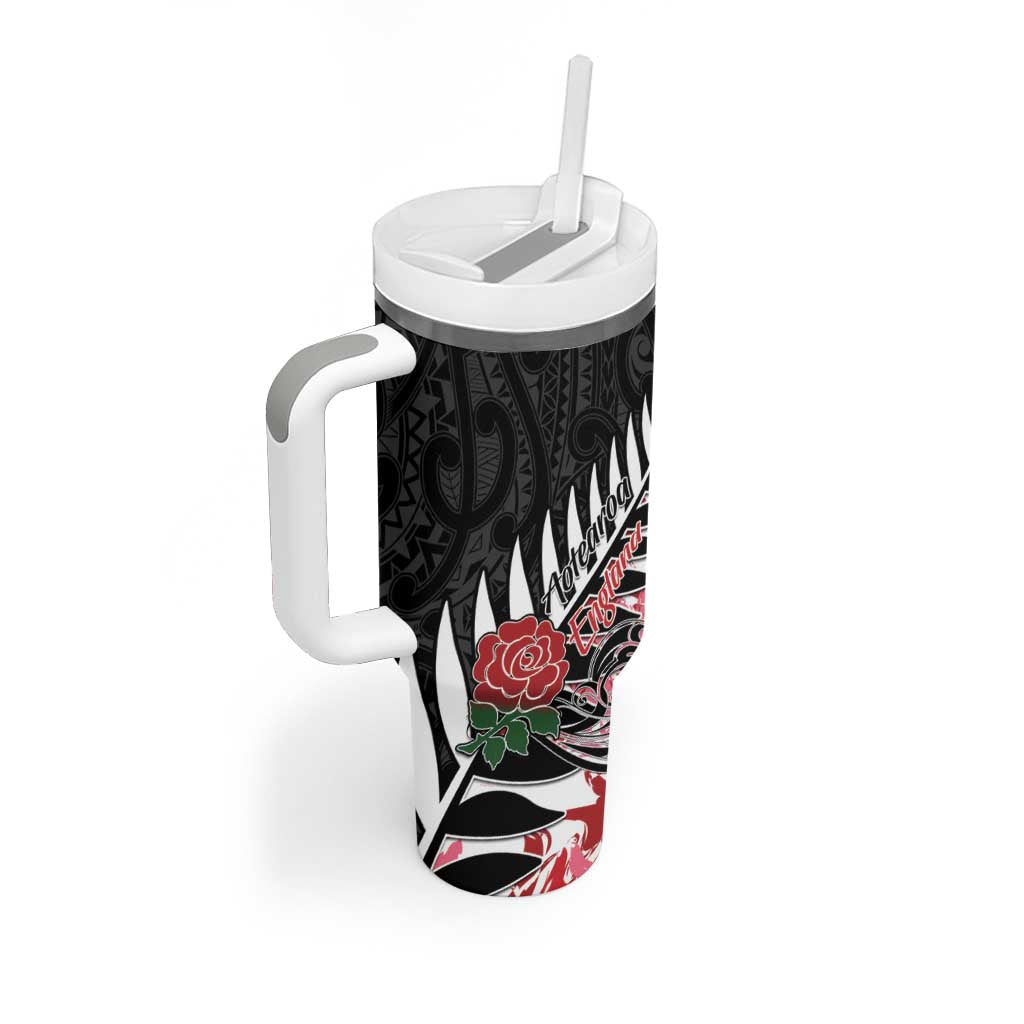 New Zealand and England Rugby Tumbler With Handle Silver Fern With Red Rose