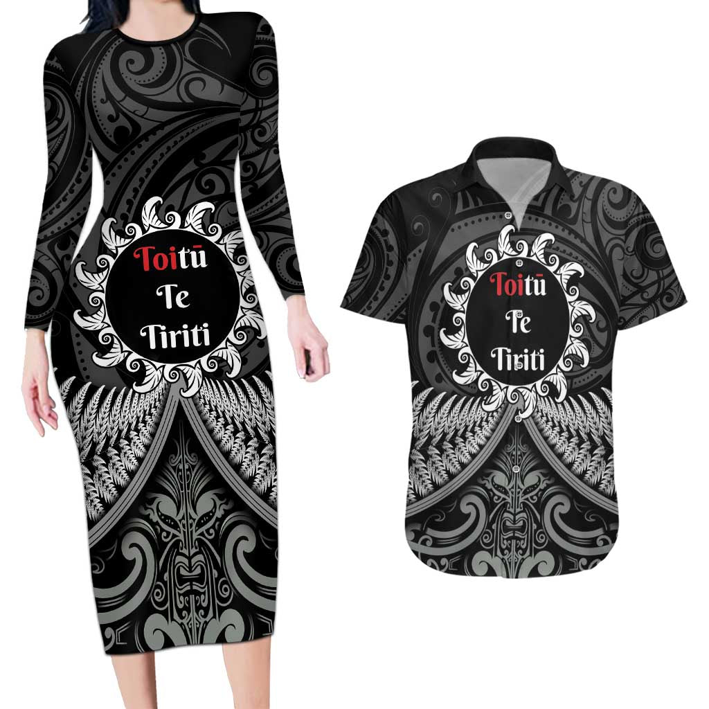 Personalised Toitu Te Tiriti Aotearoa Silver Fern Couples Matching Long Sleeve Bodycon Dress and Hawaiian Shirt New Zealand Maori Pattern