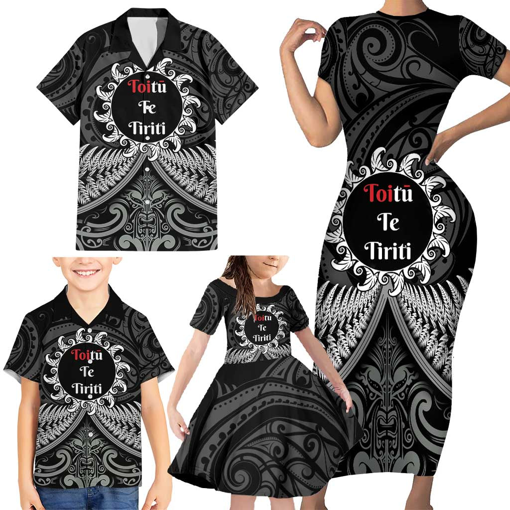 Personalised Toitu Te Tiriti Aotearoa Silver Fern Family Matching Short Sleeve Bodycon Dress and Hawaiian Shirt New Zealand Maori Pattern LT01 - Polynesian Pride