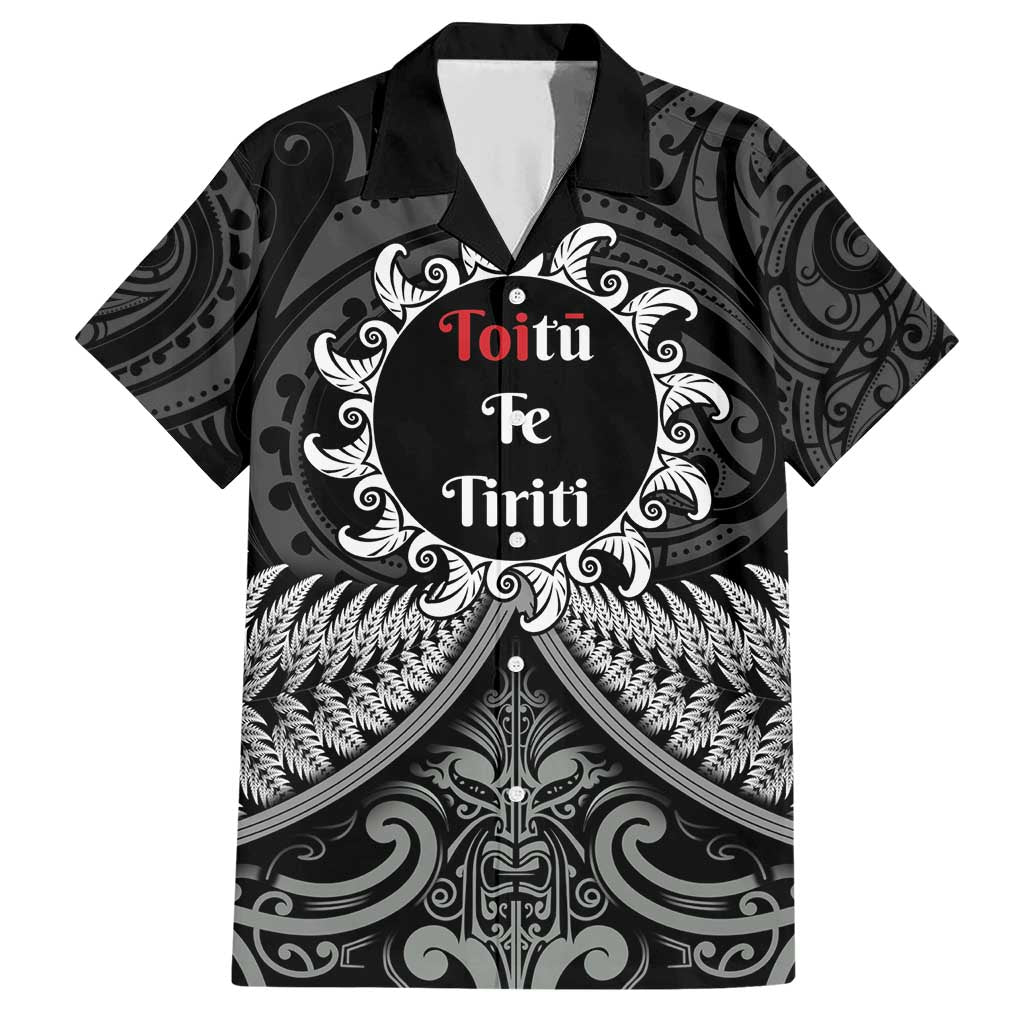 Personalised Toitu Te Tiriti Aotearoa Silver Fern Family Matching Short Sleeve Bodycon Dress and Hawaiian Shirt New Zealand Maori Pattern LT01 Dad's Shirt - Short Sleeve Black - Polynesian Pride