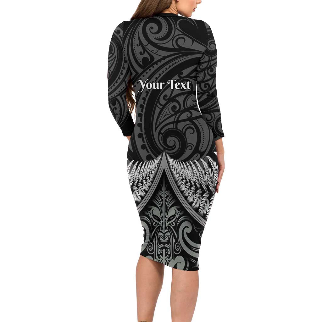 Personalised Toitu Te Tiriti Aotearoa Silver Fern Long Sleeve Bodycon Dress New Zealand Maori Pattern LT01 - Polynesian Pride