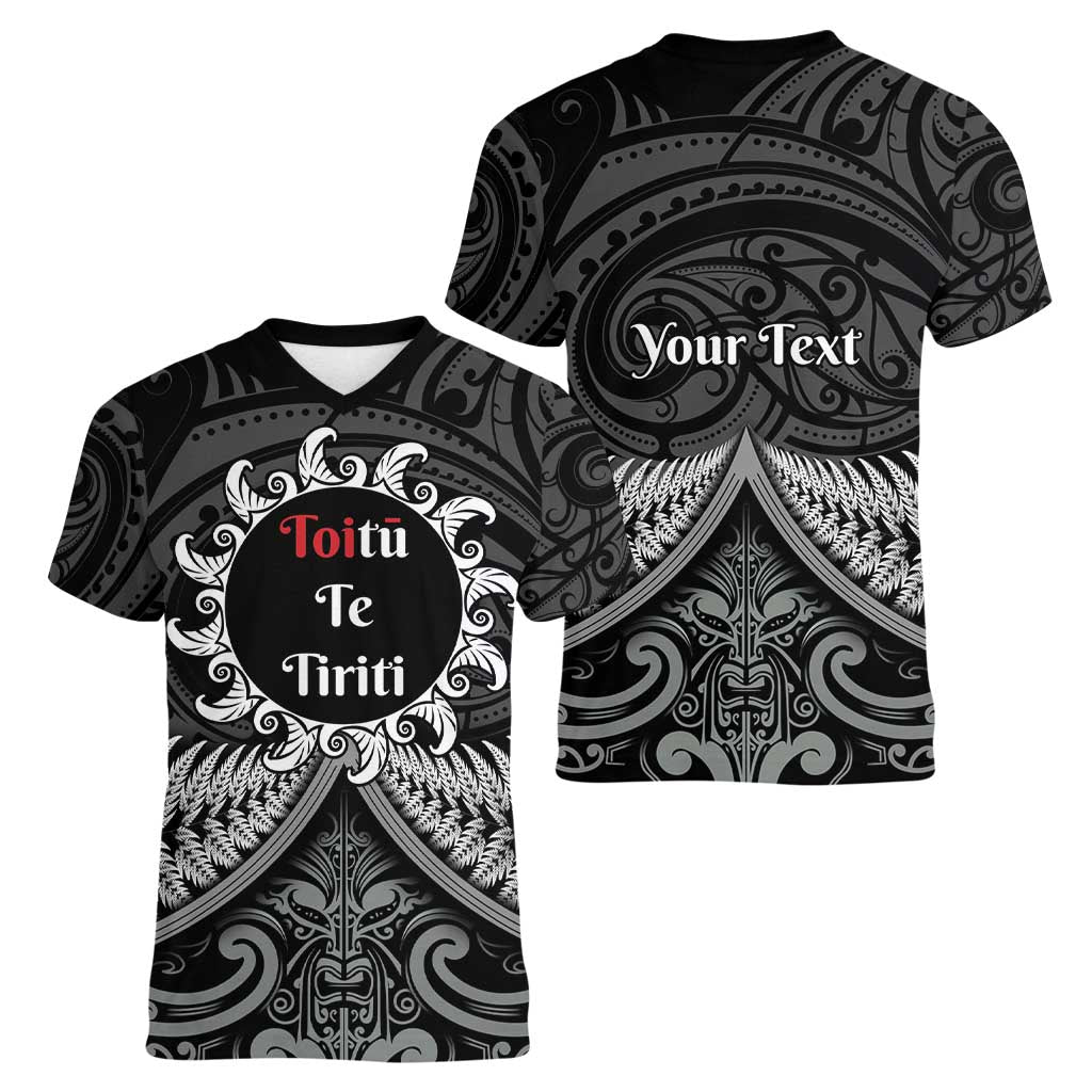 Personalised Toitu Te Tiriti Aotearoa Silver Fern Women V-Neck T-Shirt New Zealand Maori Pattern LT01 - Polynesian Pride
