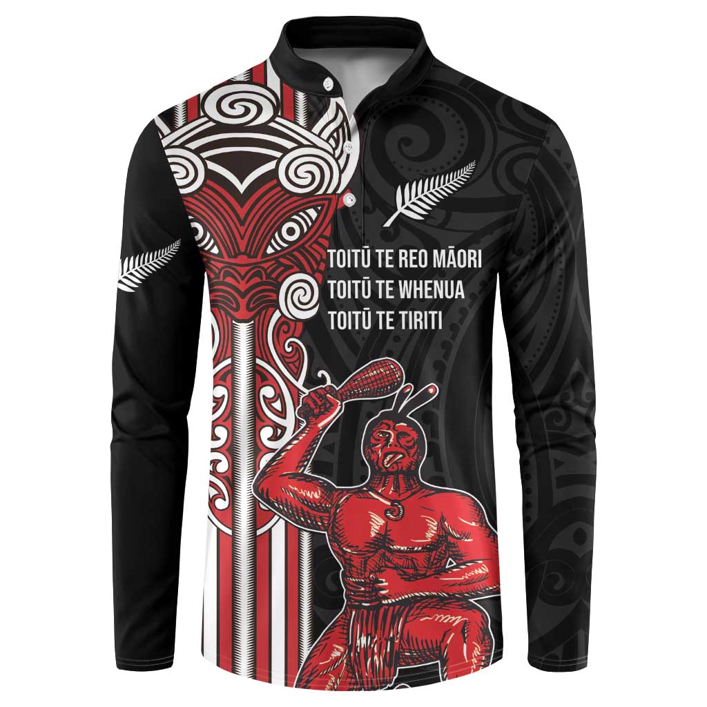 Toitu Te Reo Maori Toitu Te Whenua Toitu Te Tiriti Button Sweatshirt Maori Warrior New Zealand LT01 Black - Polynesian Pride
