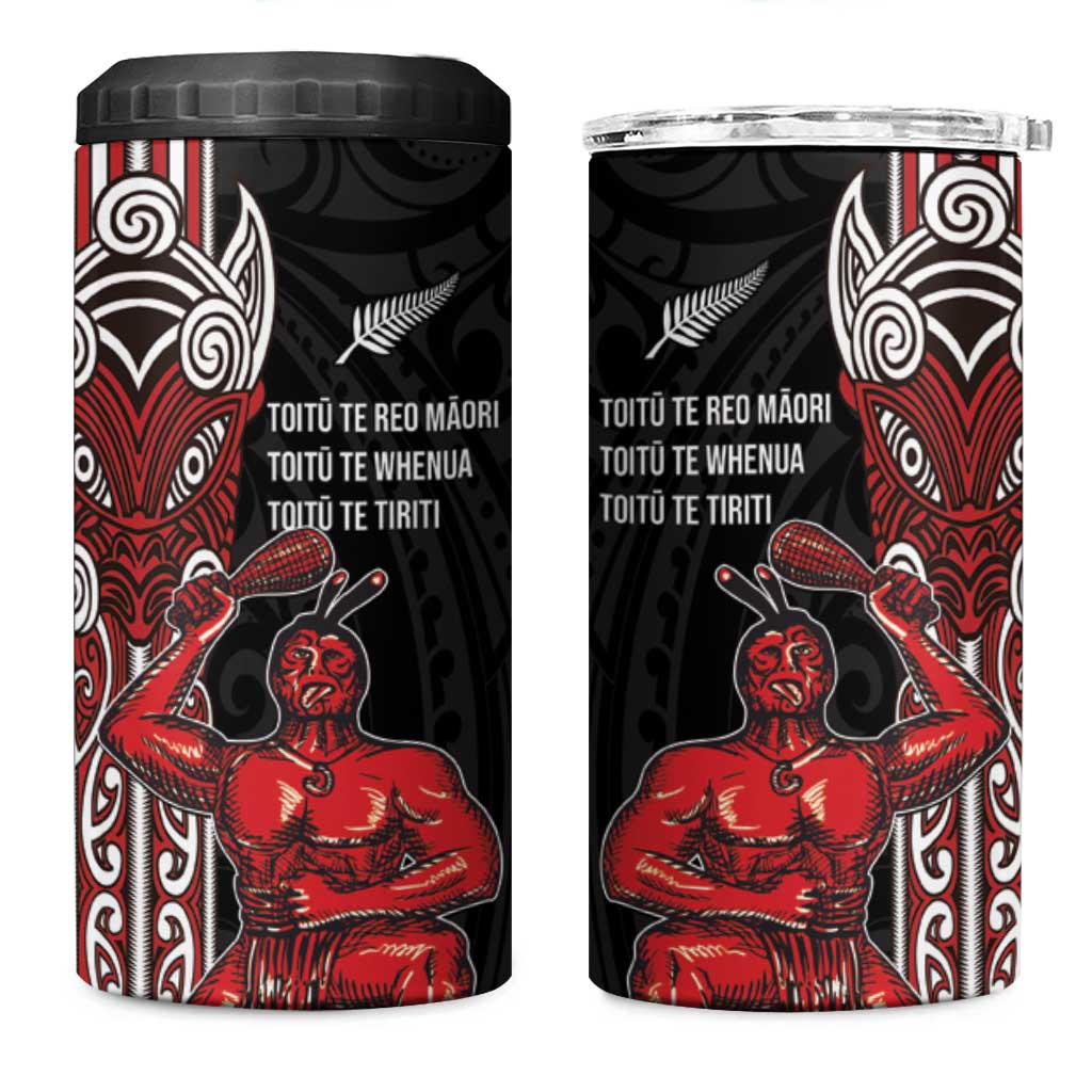 Toitu Te Reo Maori Toitu Te Whenua Toitu Te Tiriti 4 in 1 Can Cooler Tumbler Maori Warrior