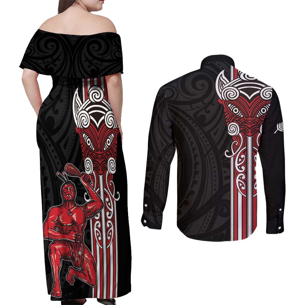 Toitu Te Reo Maori Toitu Te Whenua Toitu Te Tiriti Couples Matching Off Shoulder Maxi Dress and Long Sleeve Button Shirt Maori Warrior New Zealand