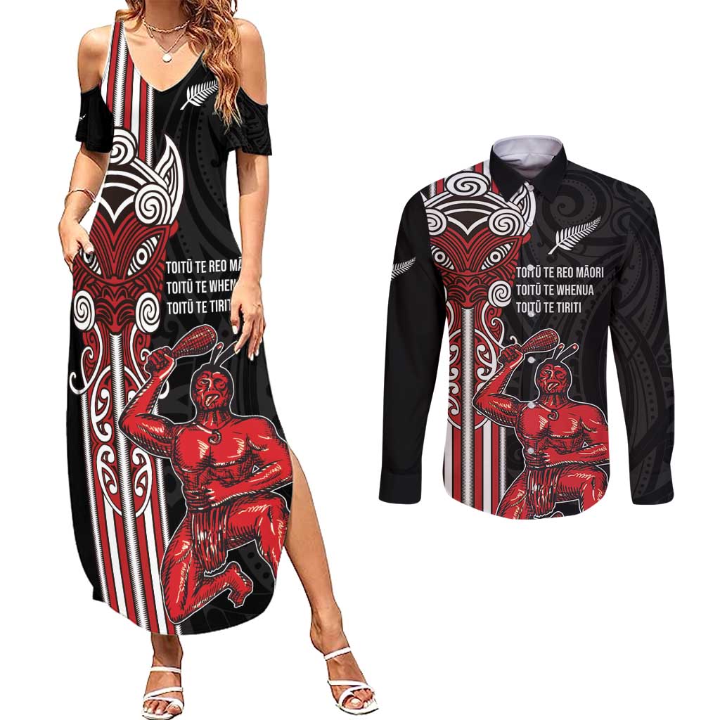 Toitu Te Reo Maori Toitu Te Whenua Toitu Te Tiriti Couples Matching Summer Maxi Dress and Long Sleeve Button Shirt Maori Warrior New Zealand