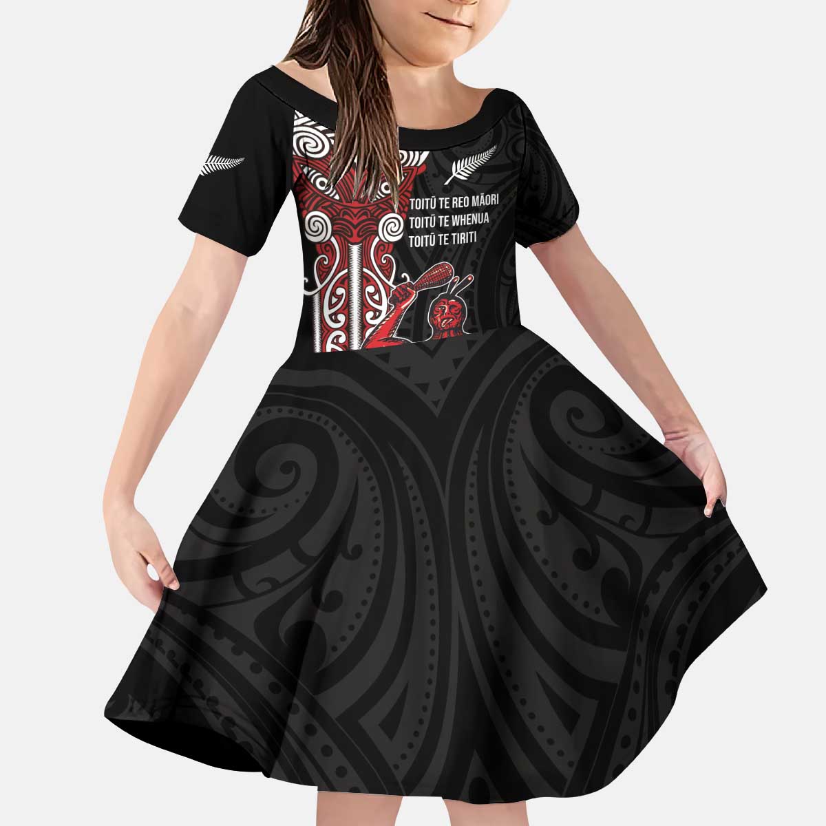 Toitu Te Reo Maori Toitu Te Whenua Toitu Te Tiriti Kid Short Sleeve Dress Maori Warrior New Zealand LT01 KID Black - Polynesian Pride