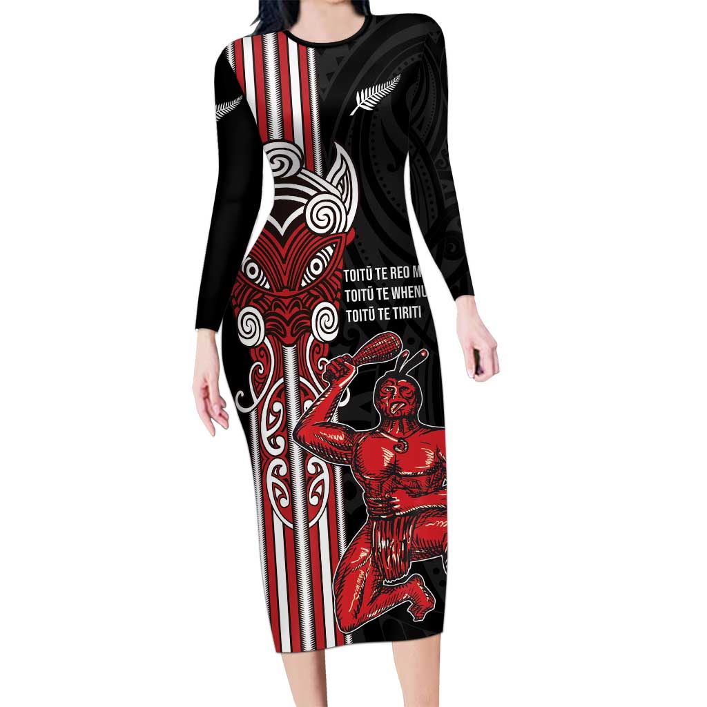 Toitu Te Reo Maori Toitu Te Whenua Toitu Te Tiriti Long Sleeve Bodycon Dress Maori Warrior New Zealand LT01 Long Dress Black - Polynesian Pride