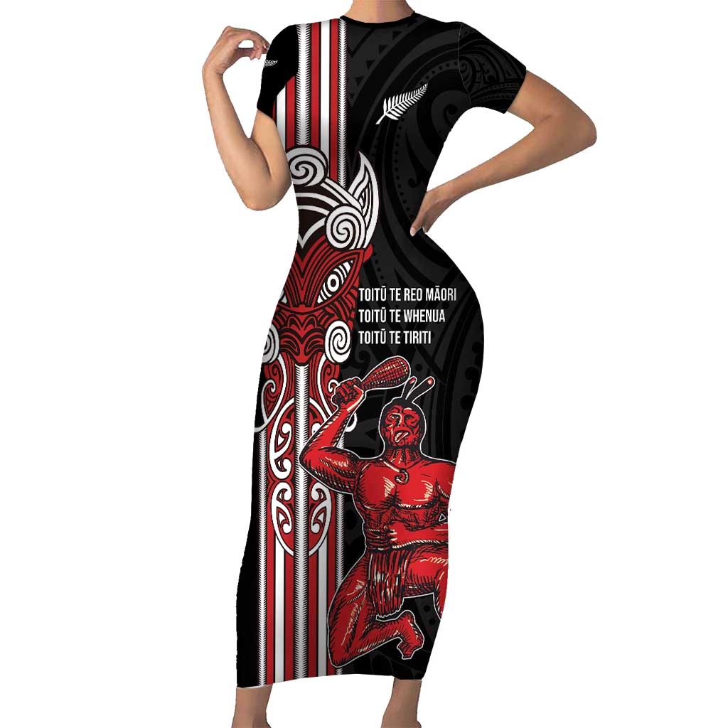 Toitu Te Reo Maori Toitu Te Whenua Toitu Te Tiriti Short Sleeve Bodycon Dress Maori Warrior New Zealand