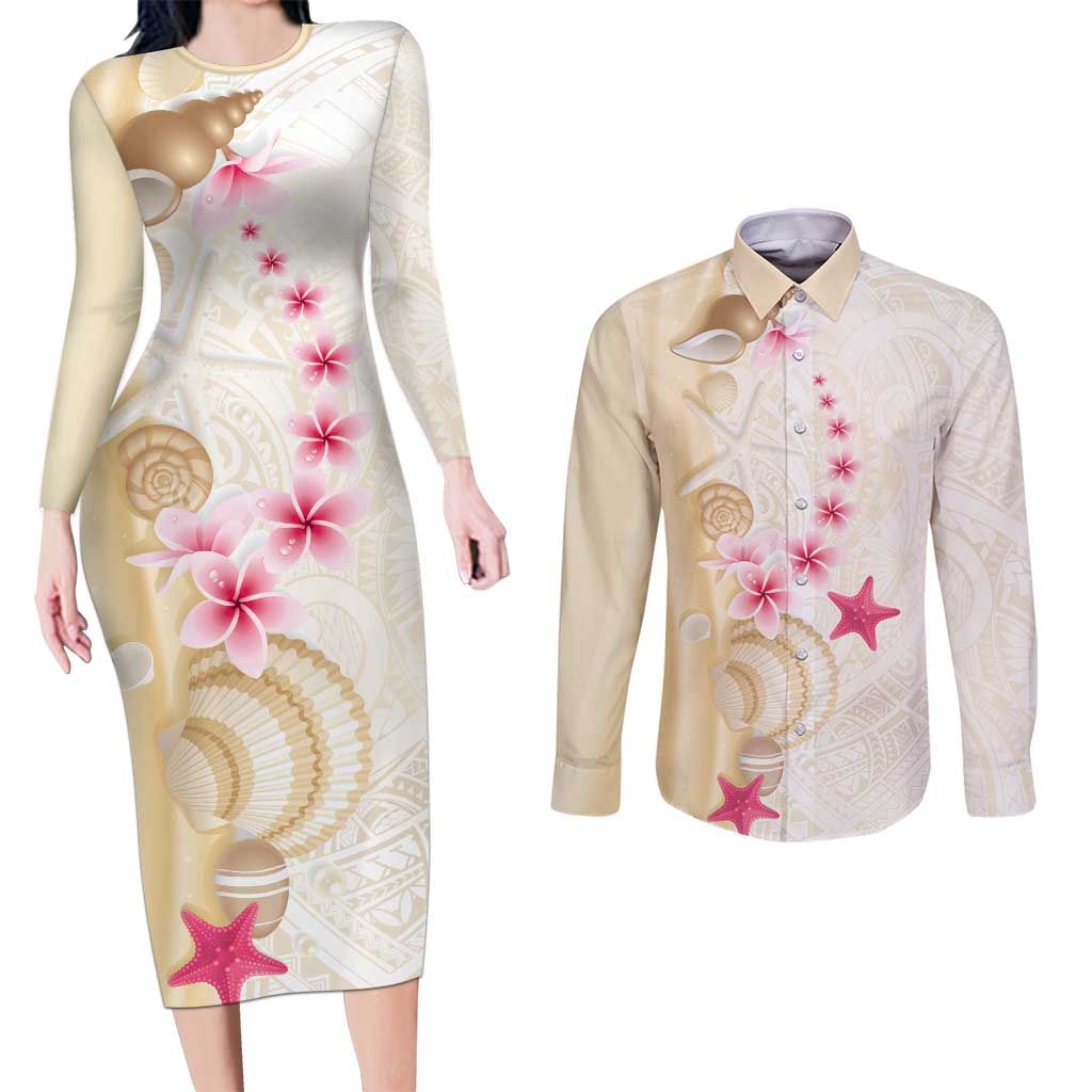 Beige Frangipani Sea Shell Couples Matching Long Sleeve Bodycon Dress and Long Sleeve Button Shirt Starfish Polynesian Pattern - Polynesian Pride