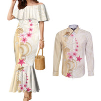 Beige Frangipani Sea Shell Couples Matching Mermaid Dress and Long Sleeve Button Shirt Starfish Polynesian Pattern - Polynesian Pride
