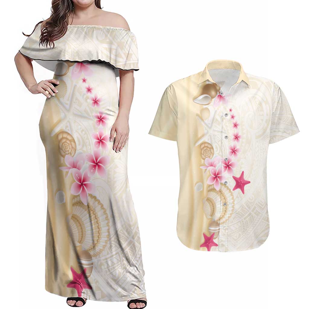 Beige Frangipani Sea Shell Couples Matching Off Shoulder Maxi Dress and Hawaiian Shirt Starfish Polynesian Pattern - Polynesian Pride
