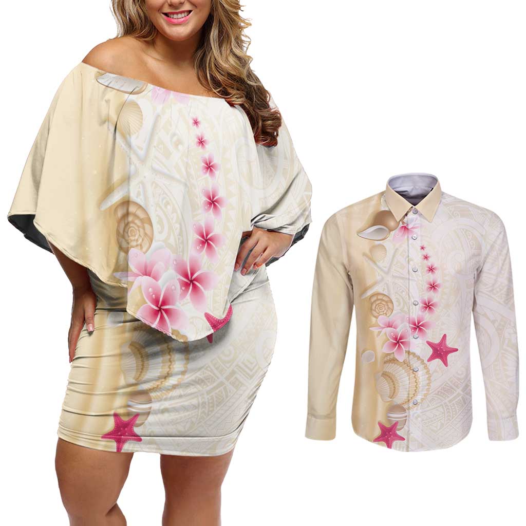 Beige Frangipani Sea Shell Couples Matching Off Shoulder Short Dress and Long Sleeve Button Shirt Starfish Polynesian Pattern - Polynesian Pride