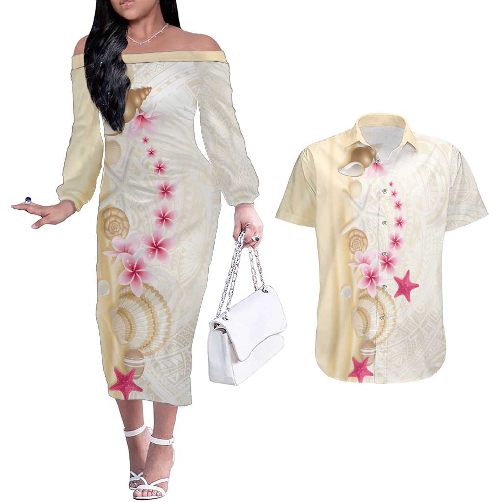 Beige Frangipani Sea Shell Couples Matching Off The Shoulder Long Sleeve Dress and Hawaiian Shirt Starfish Polynesian Pattern - Polynesian Pride