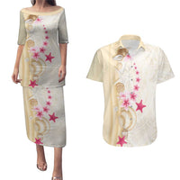 Beige Frangipani Sea Shell Couples Matching Puletasi and Hawaiian Shirt Starfish Polynesian Pattern - Polynesian Pride