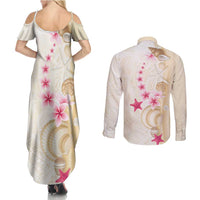Beige Frangipani Sea Shell Couples Matching Summer Maxi Dress and Long Sleeve Button Shirt Starfish Polynesian Pattern - Polynesian Pride