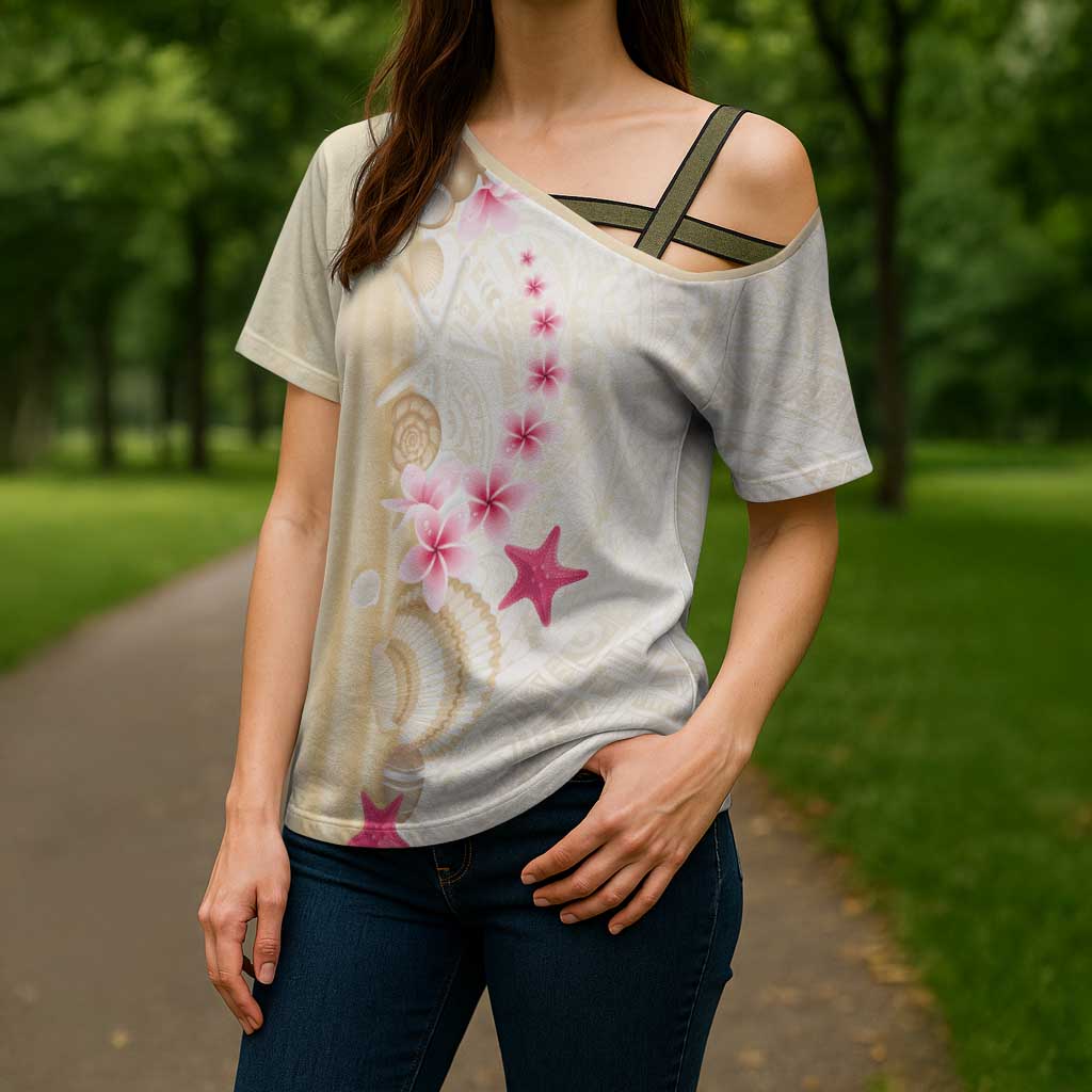 Beige Frangipani Sea Shell Cross Shoulder Shirt Starfish Polynesian Pattern - Polynesian Pride
