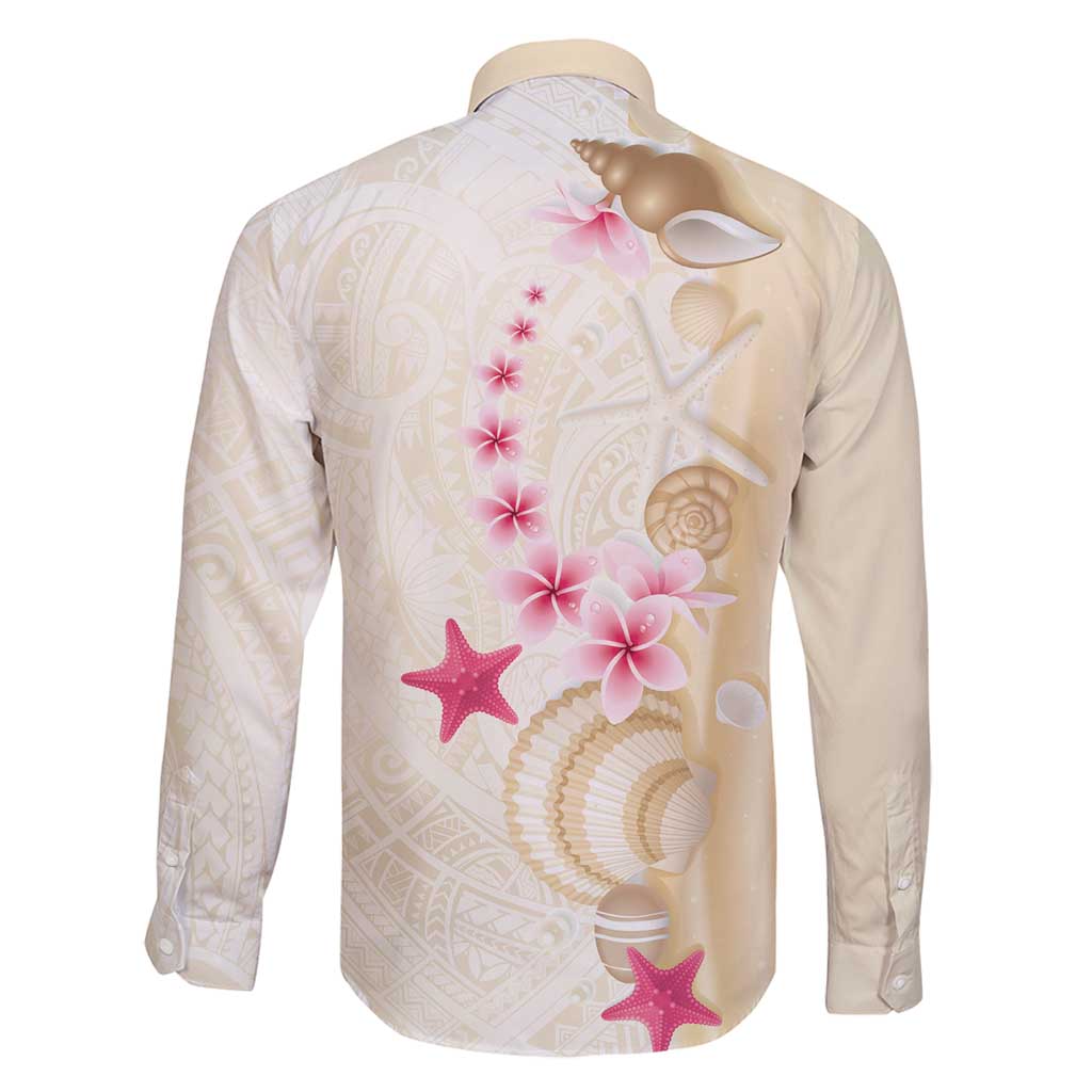 Beige Frangipani Sea Shell Family Matching Long Sleeve Bodycon Dress and Hawaiian Shirt Starfish Polynesian Pattern - Polynesian Pride
