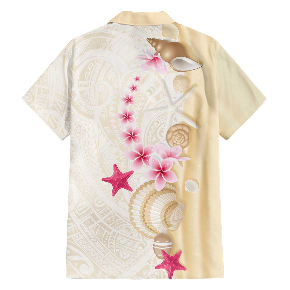Beige Frangipani Sea Shell Family Matching Off The Shoulder Long Sleeve Dress and Hawaiian Shirt Starfish Polynesian Pattern - Polynesian Pride