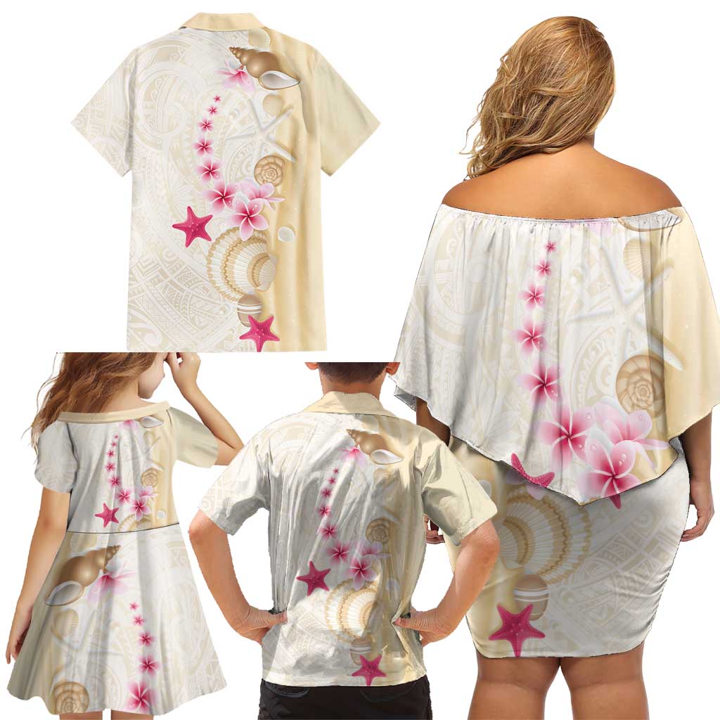 Beige Frangipani Sea Shell Family Matching Off Shoulder Short Dress and Hawaiian Shirt Starfish Polynesian Pattern - Polynesian Pride