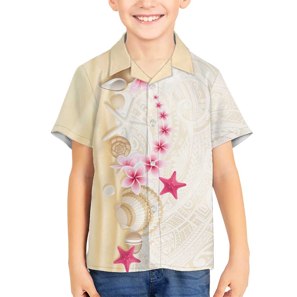 Beige Frangipani Sea Shell Family Matching Off Shoulder Short Dress and Hawaiian Shirt Starfish Polynesian Pattern - Polynesian Pride