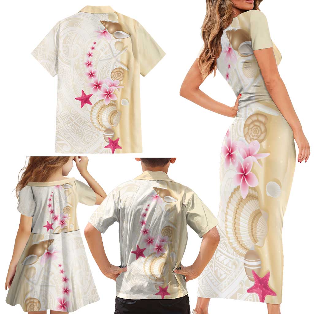 Beige Frangipani Sea Shell Family Matching Short Sleeve Bodycon Dress and Hawaiian Shirt Starfish Polynesian Pattern - Polynesian Pride