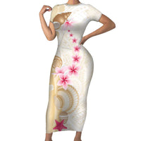 Beige Frangipani Sea Shell Family Matching Short Sleeve Bodycon Dress and Hawaiian Shirt Starfish Polynesian Pattern - Polynesian Pride