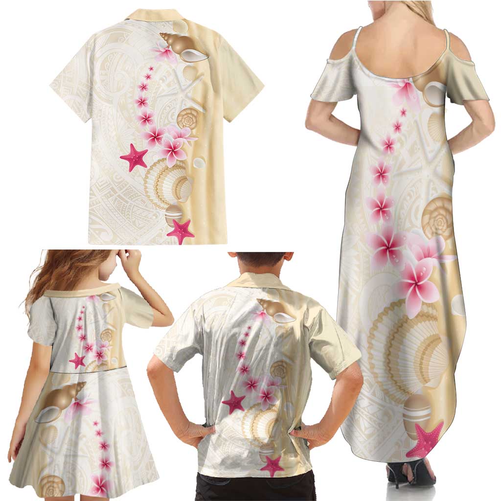 Beige Frangipani Sea Shell Family Matching Summer Maxi Dress and Hawaiian Shirt Starfish Polynesian Pattern - Polynesian Pride