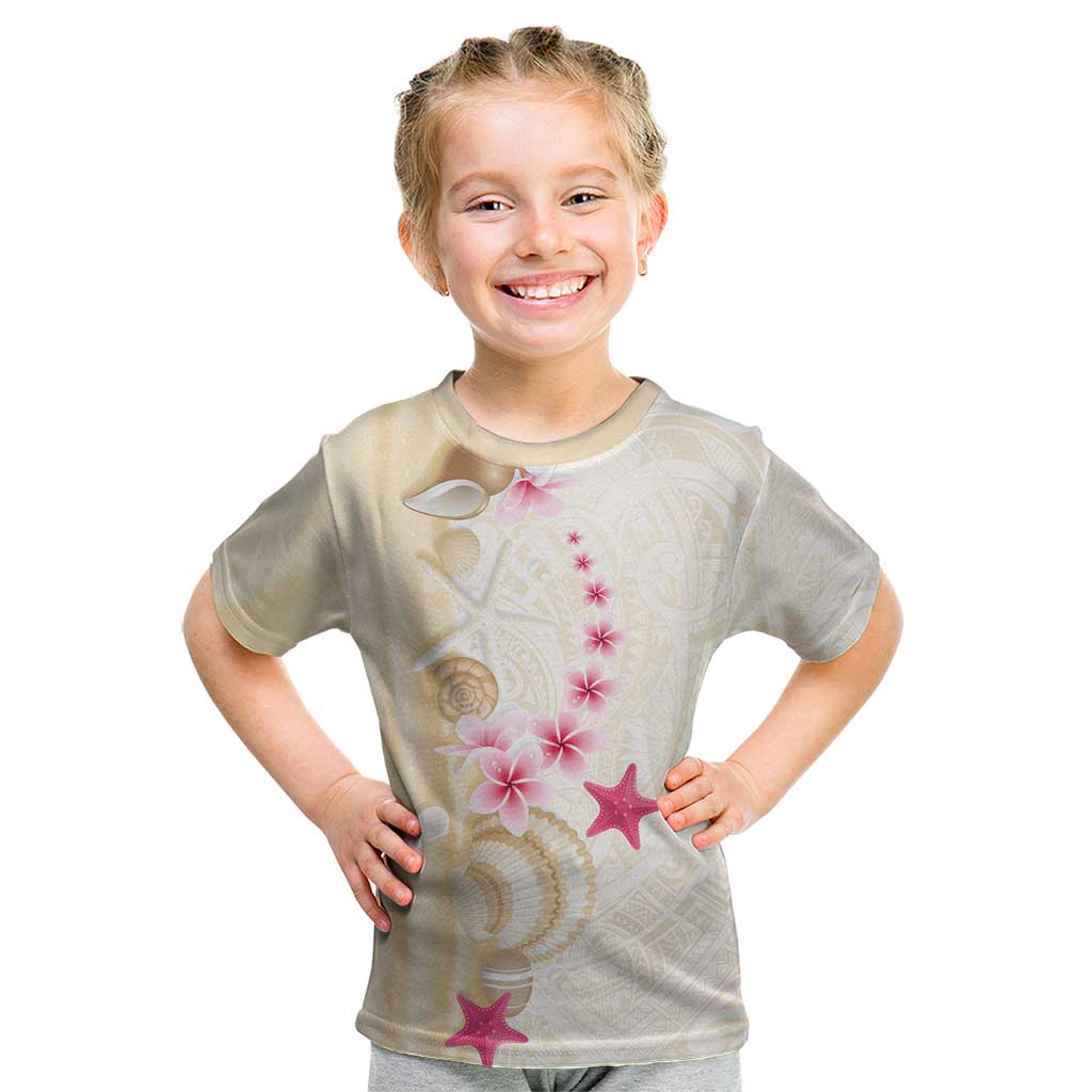 Beige Frangipani Sea Shell Kid T Shirt Starfish Polynesian Pattern - Polynesian Pride