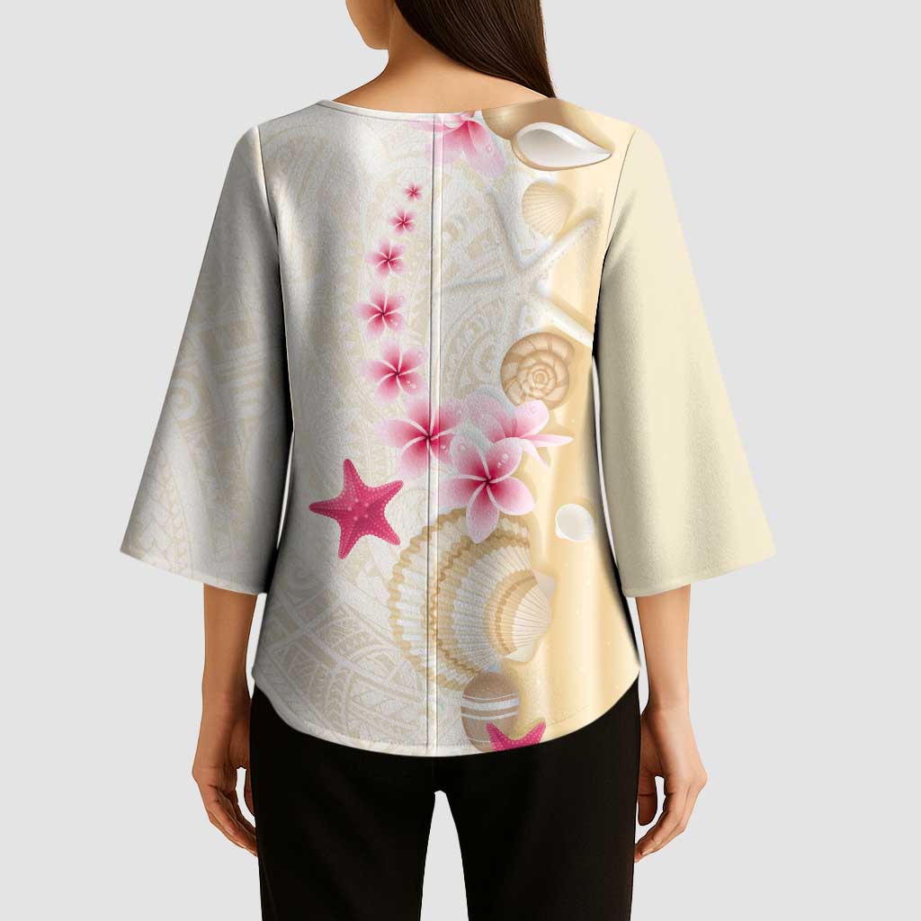 Beige Frangipani Sea Shell Kimono Sleeve Blouse Starfish Polynesian Pattern - Polynesian Pride