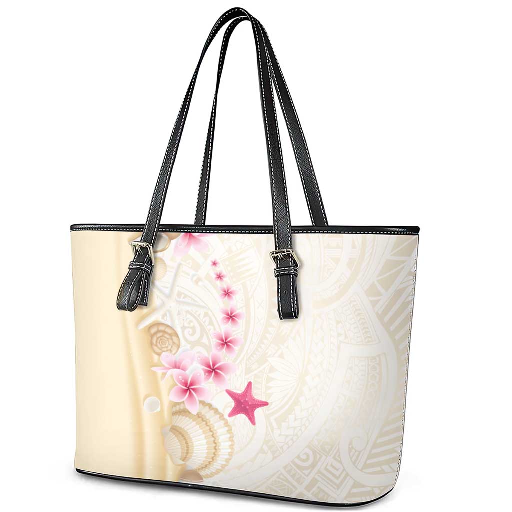 Beige Frangipani Sea Shell Leather Tote Bag Starfish Polynesian Pattern - Polynesian Pride