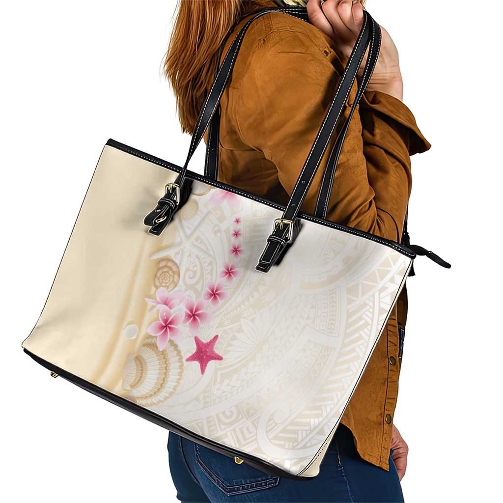 Beige Frangipani Sea Shell Leather Tote Bag Starfish Polynesian Pattern - Polynesian Pride