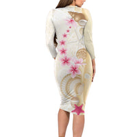 Beige Frangipani Sea Shell Long Sleeve Bodycon Dress Starfish Polynesian Pattern - Polynesian Pride