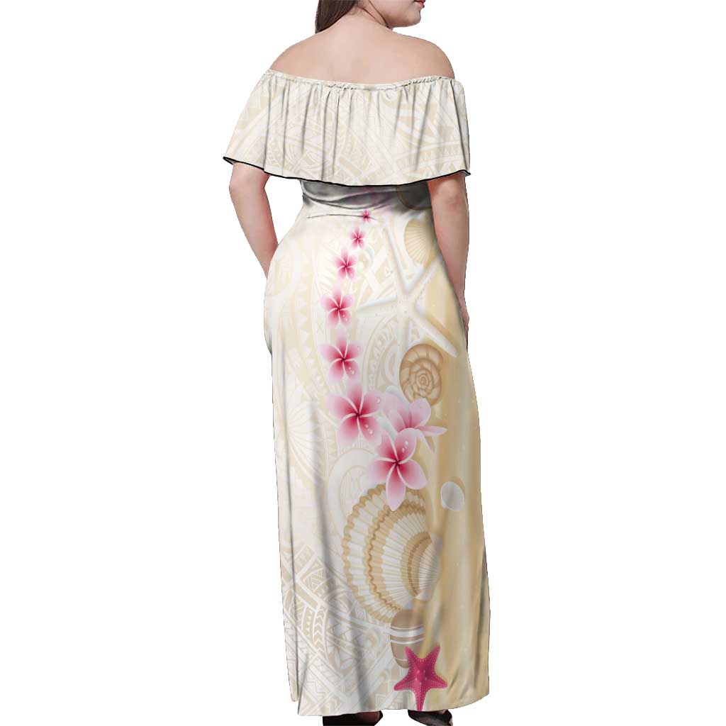 Beige Frangipani Sea Shell Off Shoulder Maxi Dress Starfish Polynesian Pattern - Polynesian Pride