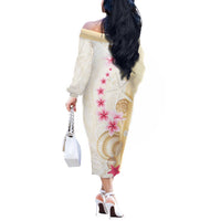 Beige Frangipani Sea Shell Off The Shoulder Long Sleeve Dress Starfish Polynesian Pattern - Polynesian Pride