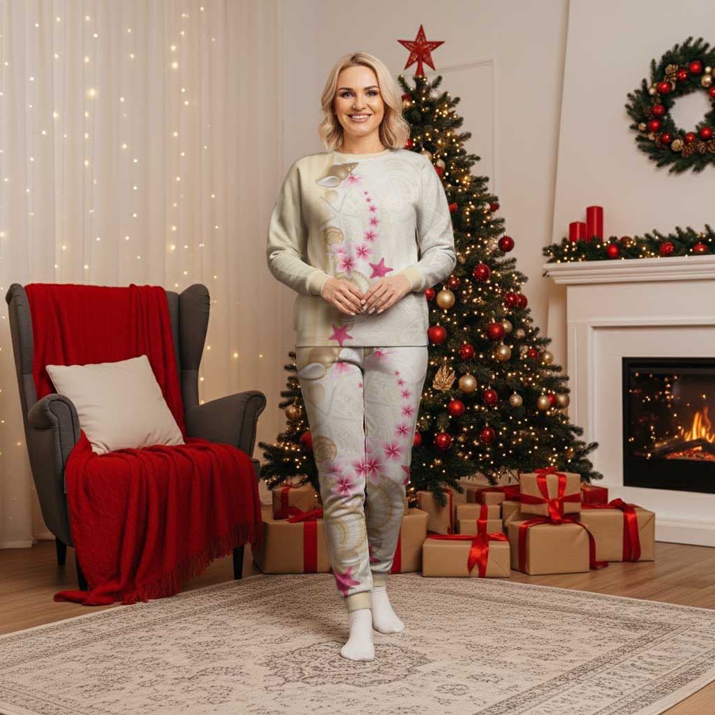 Beige Frangipani Sea Shell Christmas Pajama Set Starfish Polynesian Pattern - Polynesian Pride