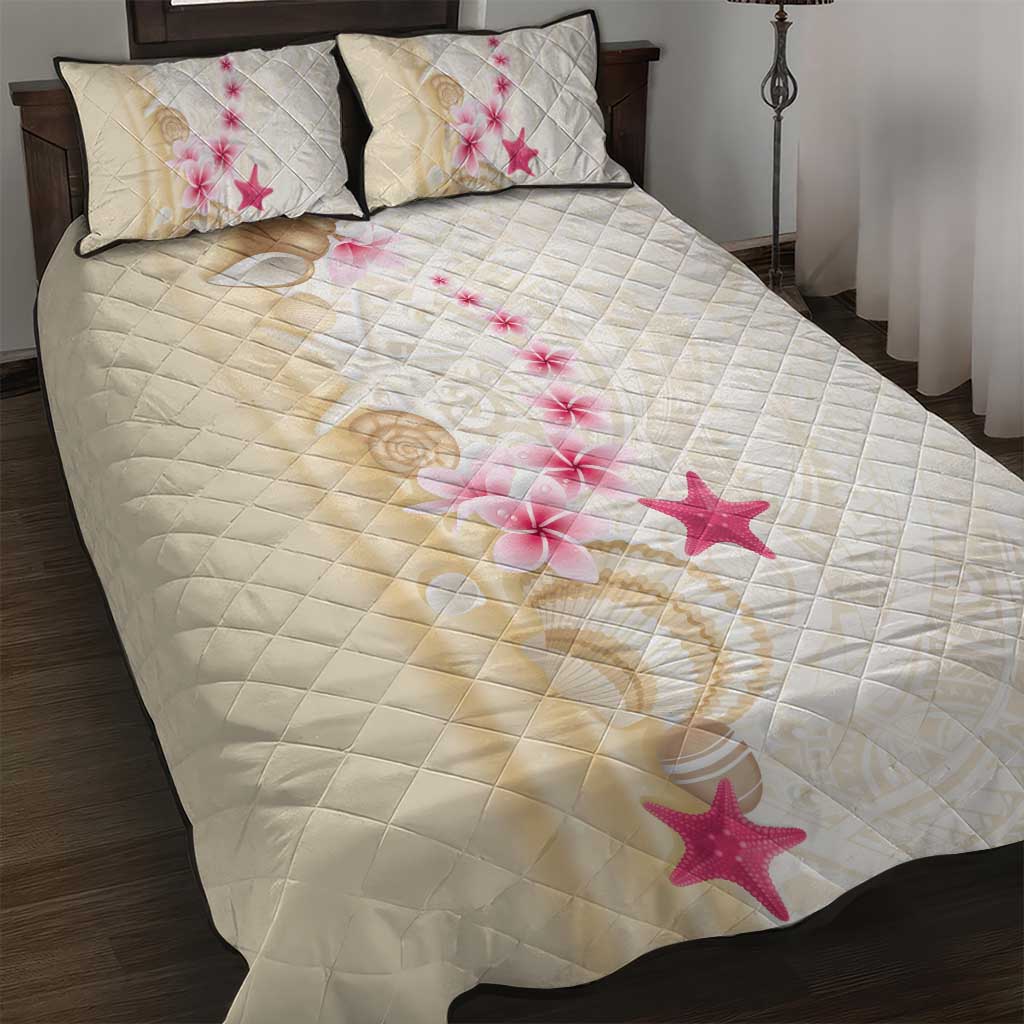 Beige Frangipani Sea Shell Quilt Bed Set Starfish Polynesian Pattern - Polynesian Pride