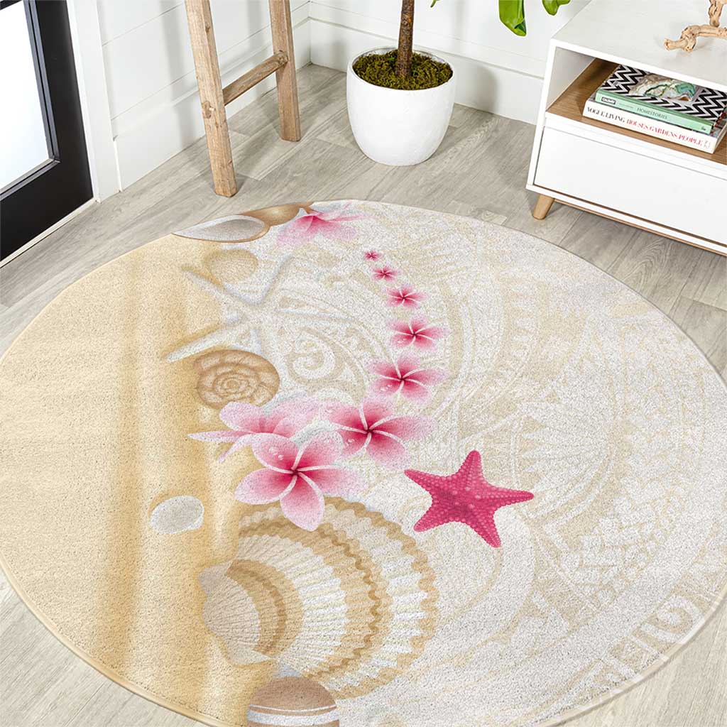 Beige Frangipani Sea Shell Round Carpet Starfish Polynesian Pattern - Polynesian Pride