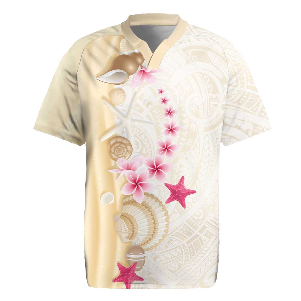 Beige Frangipani Sea Shell Rugby Jersey Starfish Polynesian Pattern - Polynesian Pride