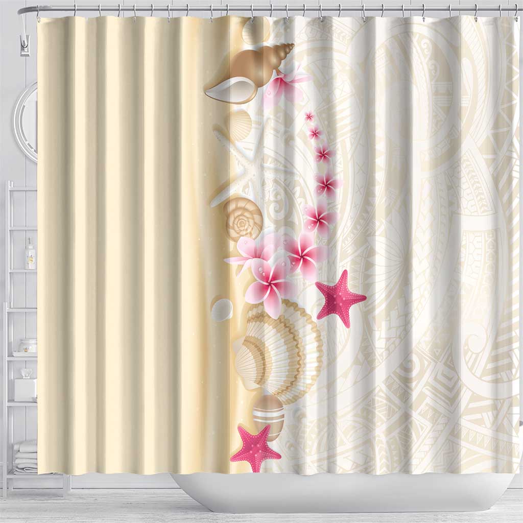 Beige Frangipani Sea Shell Shower Curtain Starfish Polynesian Pattern - Polynesian Pride