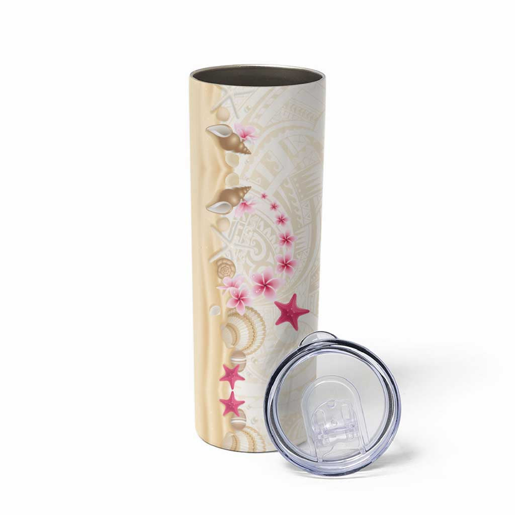 Beige Frangipani Sea Shell Skinny Tumbler Starfish Polynesian Pattern - Polynesian Pride