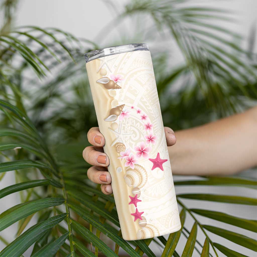 Beige Frangipani Sea Shell Skinny Tumbler Starfish Polynesian Pattern - Polynesian Pride