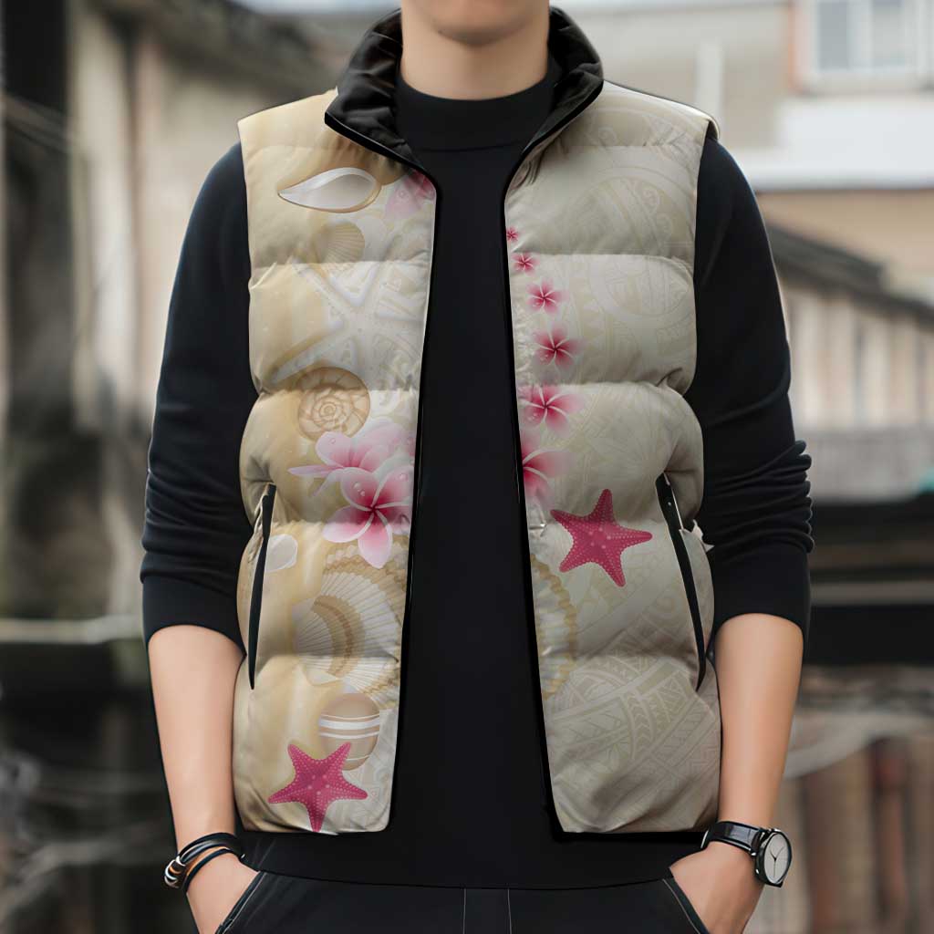 Beige Frangipani Sea Shell Sleeveless Puffer Jacket Starfish Polynesian Pattern - Polynesian Pride