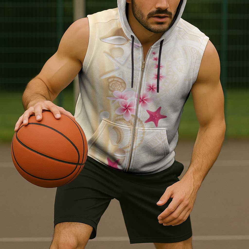 Beige Frangipani Sea Shell Sleeveless Zip Hoodie Starfish Polynesian Pattern - Polynesian Pride
