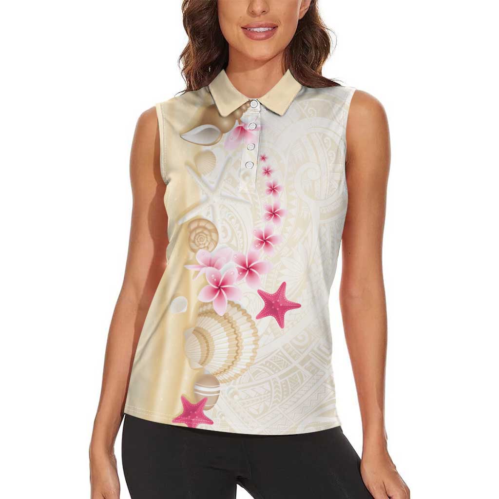 Beige Frangipani Sea Shell Women Sleeveless Polo Shirt Starfish Polynesian Pattern - Polynesian Pride