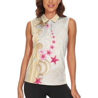 Beige Frangipani Sea Shell Women Sleeveless Polo Shirt Starfish Polynesian Pattern - Polynesian Pride