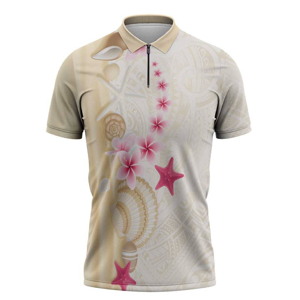 Beige Frangipani Sea Shell Zipper Polo Shirt Starfish Polynesian Pattern - Polynesian Pride