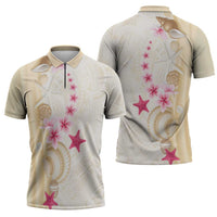 Beige Frangipani Sea Shell Zipper Polo Shirt Starfish Polynesian Pattern - Polynesian Pride