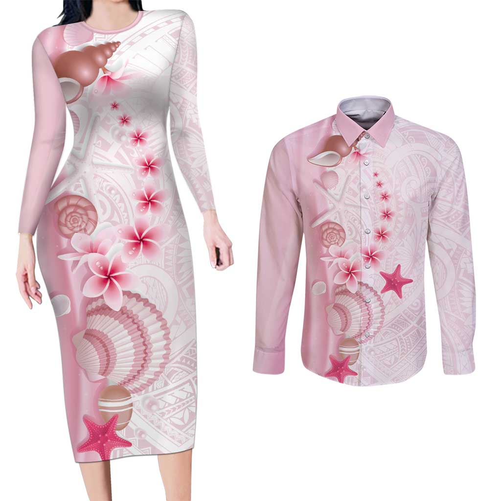 Pink Plumeria Sea Shell Couples Matching Long Sleeve Bodycon Dress and Long Sleeve Button Shirt Starfish Polynesian Pattern - Polynesian Pride